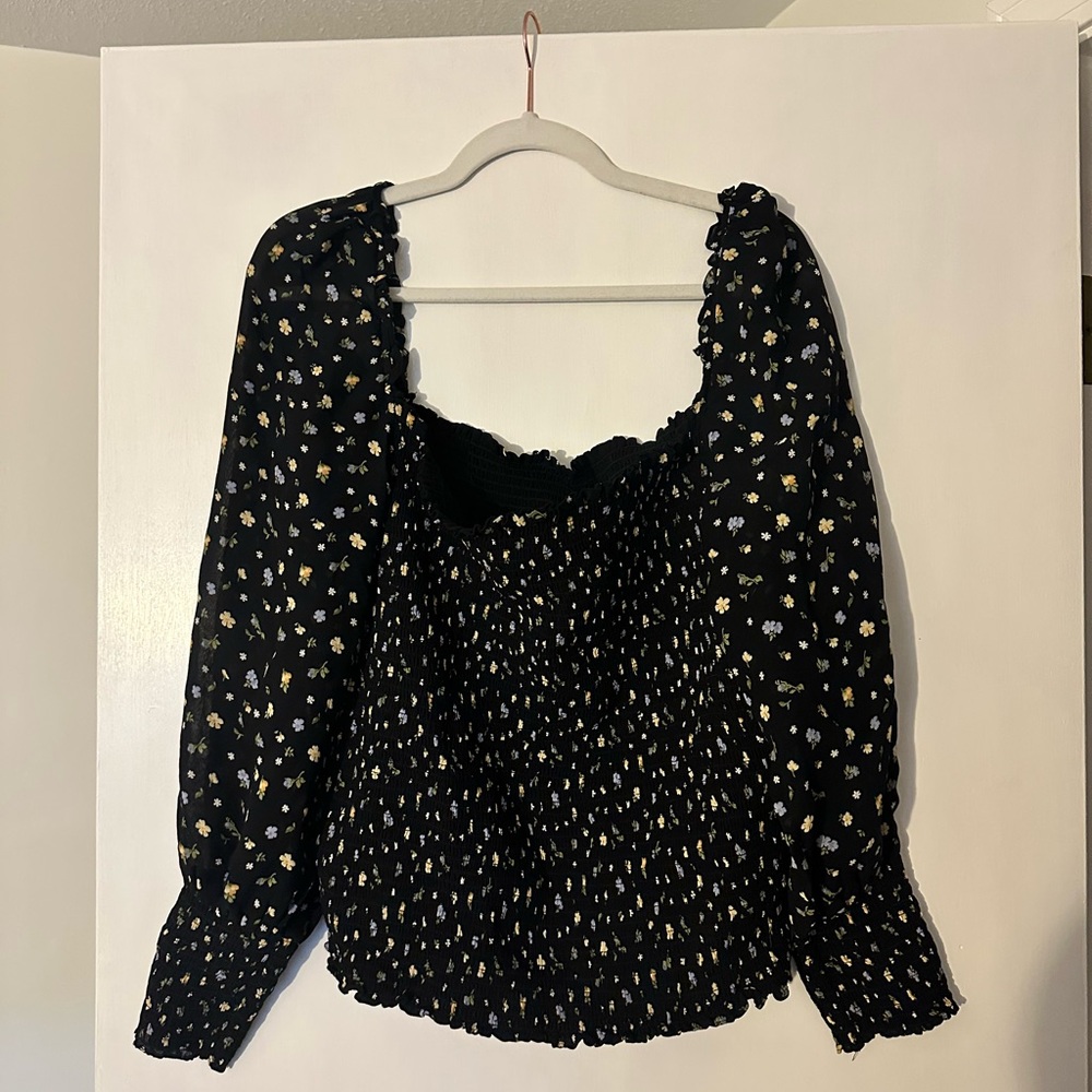 Reformation Black Floral Smocked Long-Sleeve Blouse
